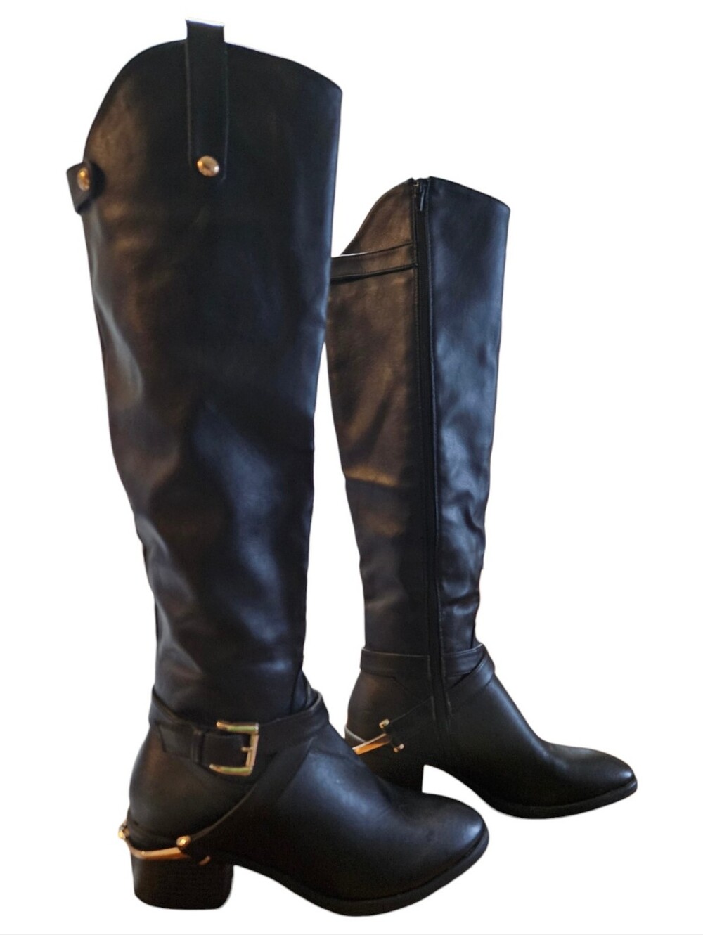 Women's Black Knee-High Buckle Boots Size 9 Buckle Zipper